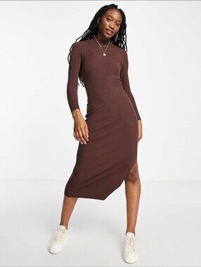 Miss Selfridge Chocolate Brown Ribbed Midaxi Dress With Cutout